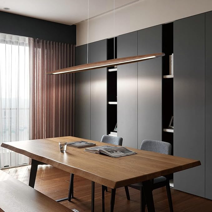 Wood Linear Pendant Hanging Light Fixture Minimalist Light Linear Chandelier Wood Kitchen Island Lighting 40w Dimmable for Dining Room Dining Table Living Room Pool Table Walnut Color