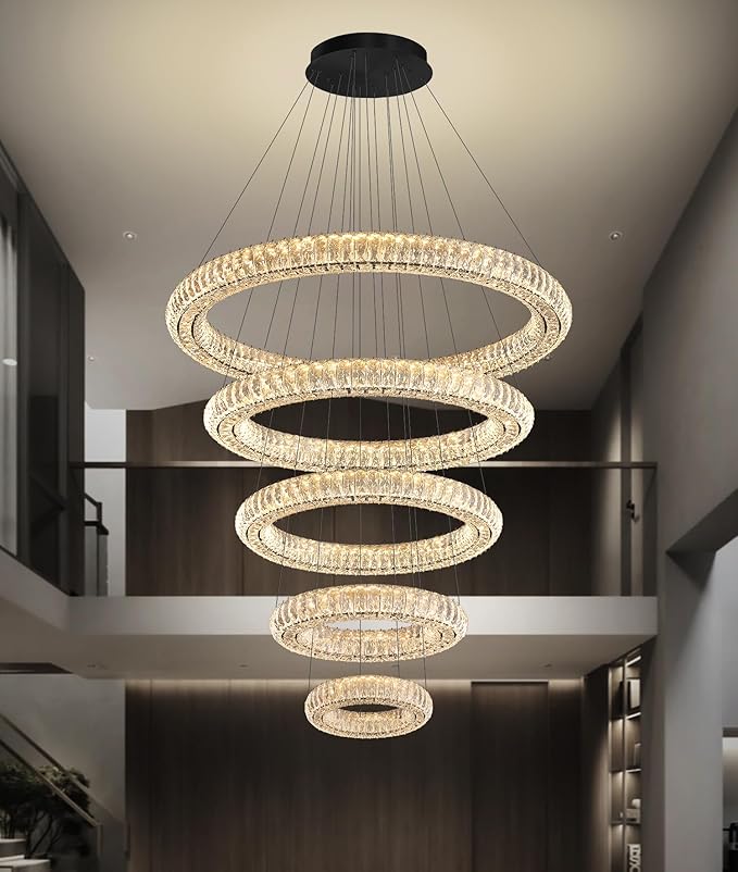 Modern Crystal Chandelier Lighting, Black 5 Ring Chandeliers LED Ceiling Lights Fixtures High Ceiling Chandeliers for Staircase, D8''+15.7"+23.6"+31.5"+39.4"
