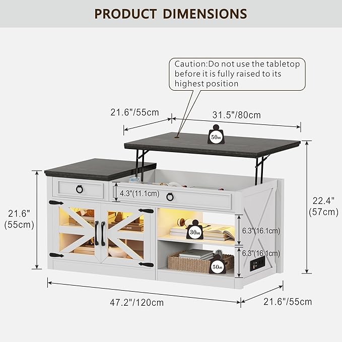 Lvifur 48" Farmhouse Lift Top Coffee Table with LED Lights & Charging Station, Living Room Center Table with 2 Hidden Storage Compartments, Lifting Tabletop and Adjustable Shelf (White)