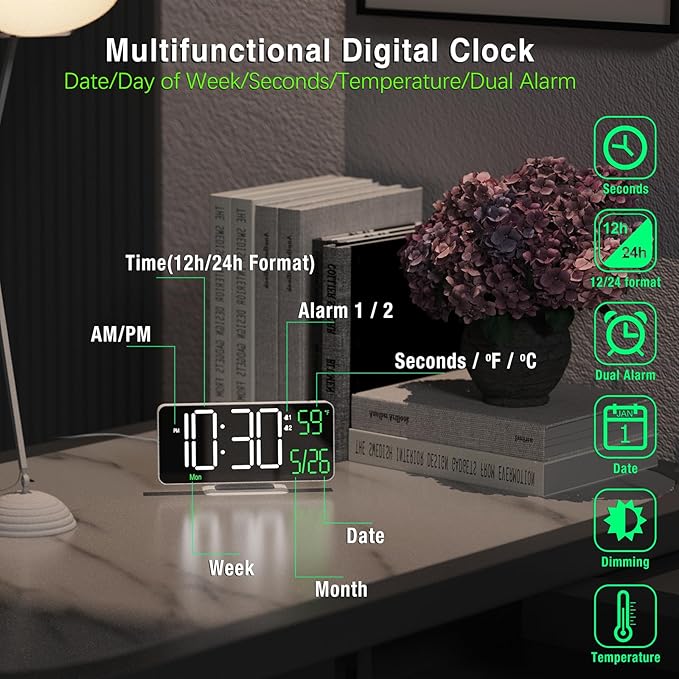 KOSUMOSU Digital Clock for Bedroom, 6.7" Desk Clock LED with Day of Week, Auto Dimming,Indoor Temperature, Clocks for Living Room, Alarm Clocks for Bedrooms