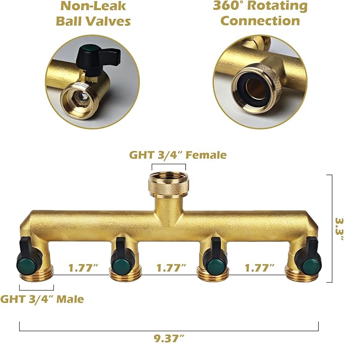 Gleiven Garden Hose Splitter, 3/4" Tap T Splitter, T-Shape Valve, 4-Way Tap Connector with Individual On/Off