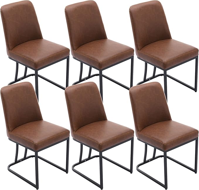 VESCASA Faux Leather Upholstered Dining Chairs with Back, Mid Century Modern Chairs with Black Metal Frame for Dining Room, Restaurant, Kitchen, Set of 6, Brown