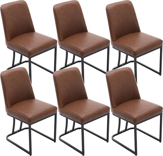 VESCASA Faux Leather Upholstered Dining Chairs with Back, Mid Century Modern Chairs with Black Metal Frame for Dining Room, Restaurant, Kitchen, Set of 6, Brown