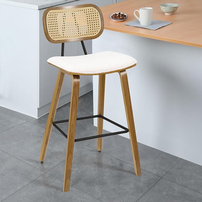 Counter Height Bar Stools, Mid Century Modern Counter Stools, 26" Wood Kitchen Stool Boucle Fabric Upholstered Barstool with Rattan Back, Counter Height Island Dining Bar Chair, White
