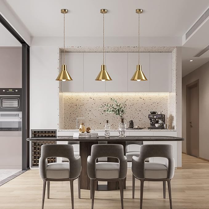 KCO Lighting Brushed Gold Pendant Lighting Modern Cone Pendant Light Brass Mini Hanging Kitchen Island Light Fixture Mid Century Vintage Hanging Ceiling Lamp