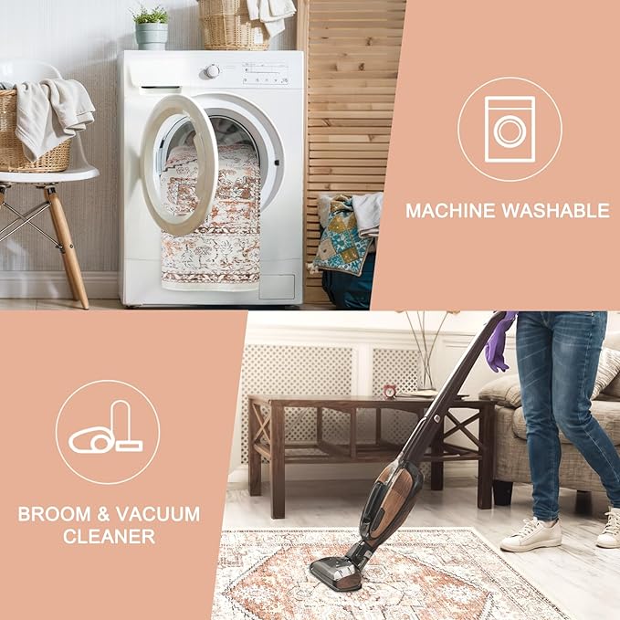 LIVEBOX 5x7 Area Rugs for Living Room, Washable Nursery Orange Boho Rug Soft Non-Slip, Low-Pile Vintage Medallion, Retro Faux Wool for Dining Room, Bedroom, Office