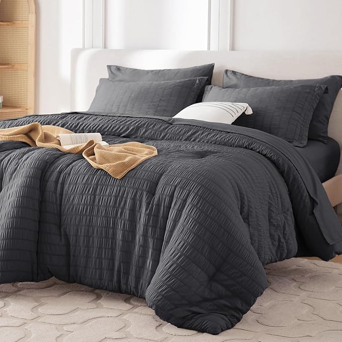 MUXHOMO 7 Pieces California King Comforter Set, Seersucker Bed in a Bag Cal King Size, All Season Luxury Bedding Set with Comforter, Flat Sheet, Fitted Sheet, Pillowcases & Shams, Dark Grey