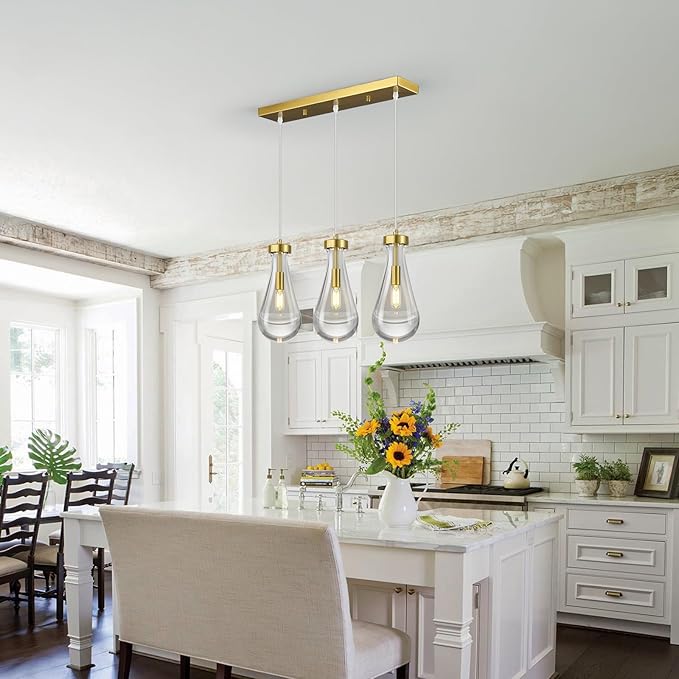 Raindrop Pendant Lights Kitchen Island Teardrop Gold Hanging Light Fixtures Clear Solid Glass Pendant Light Modern Chandeliers for Dining Room Porch Corridor Living Room(Long Plate-3 Lights)