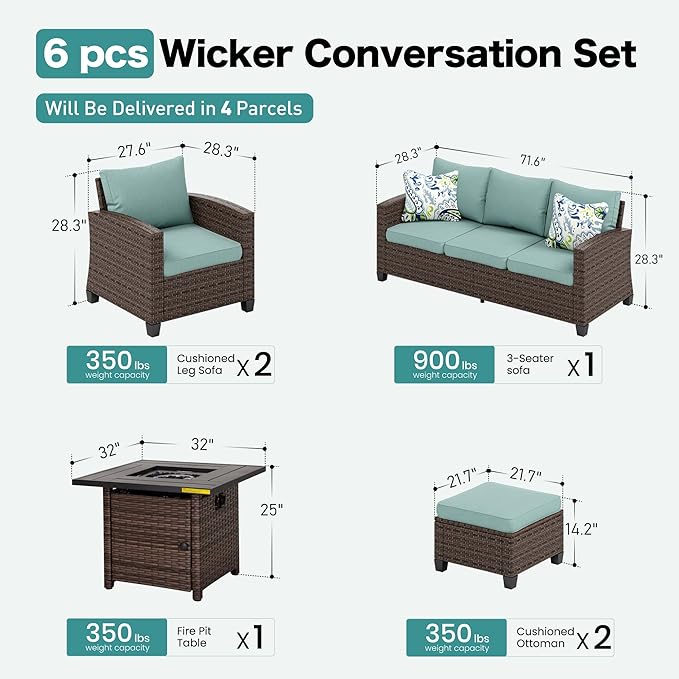 Patio Furniture Set Outdoor Furniture Brown Wicker Rattan Patio Conversation Sets with Cushion Outside Sofa Set,5 Pieces with Firepit Table,7 Seats,Blue