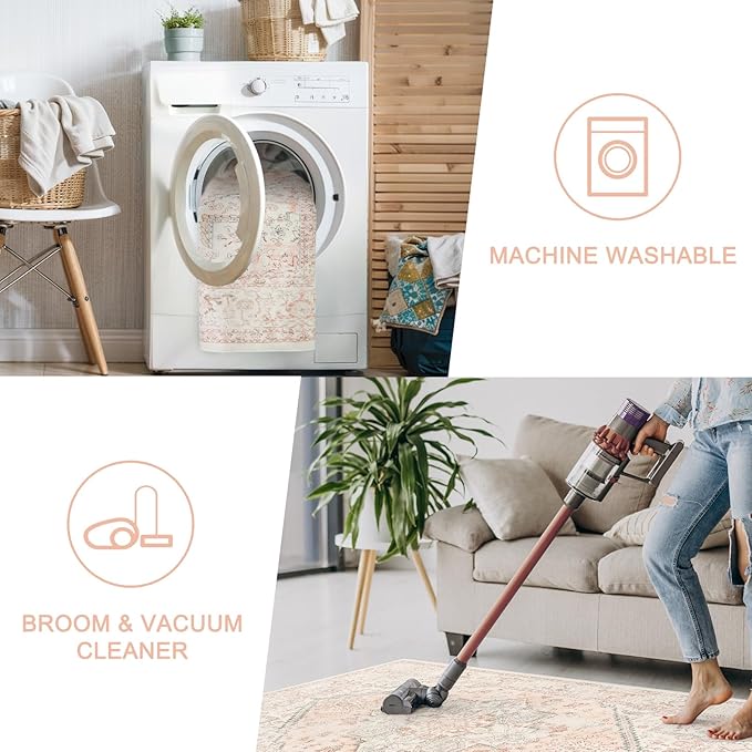 LIVEBOX Washable Oriental Runner Rug 2.5x8 - Long Vintage Tribal Pink for Kitchen Boho Non-Slip Hallway, Low-Pile Accent Throw Area Rug for Laundry Room