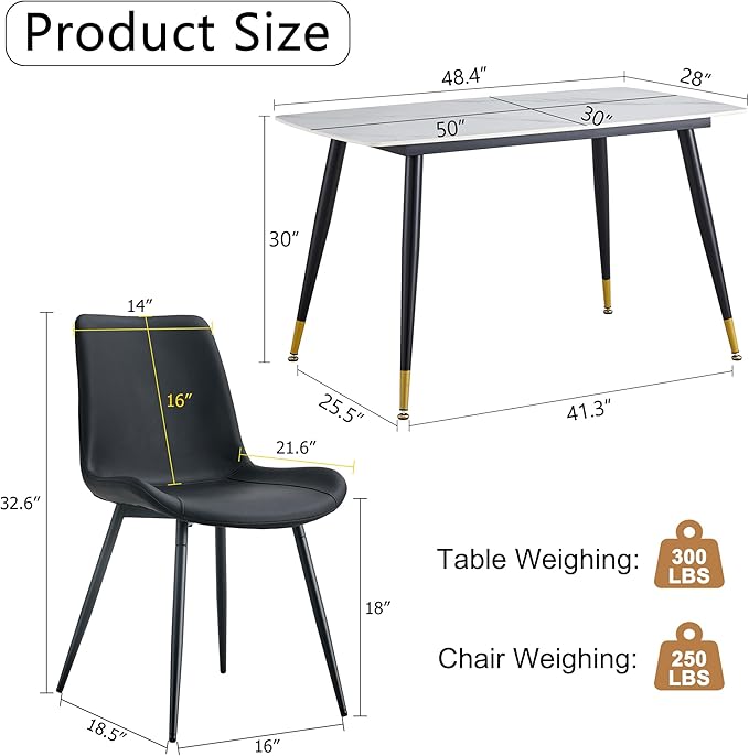 Modern Dining Table Set for 4, 50" Sintered Stone Kitchen Table and 4 Upholstered PU Leather Chair Dining Room Table Set for 4(1White Table and Black Chairs Set of 4)