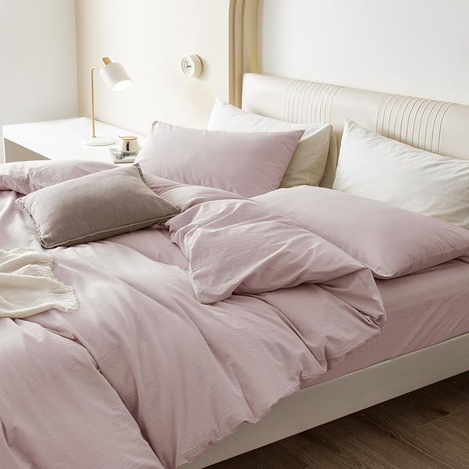JIYUAN 100% Washed Cotton Duvet Cover Set 3 PCS Super King Plus, 1 Duvet Cover 120"x120" (Comforter Not Included) and 2 Pillowcases,Linen Feel Bedding Set Comfy and Breathable, Heathered Greyish Pink