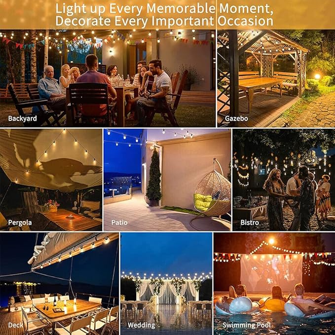 S14 LED Outdoor String Lights with Remote Control 48FT with Edison Vintage Shatterproof Bulbs and Weatherproof Lights for Balcony, Patio, Porch, Backyard (48FT 15LED w/Remote)