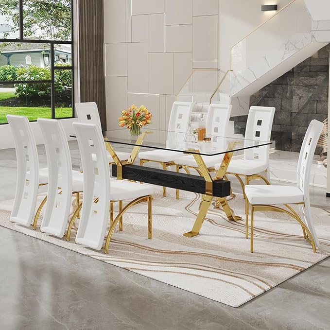 71'' Glass Dining Table Set for 8,9 Piece Dining Table Set with Open‑Frame X‑Shaped Golden Metal Base,Gold Kitchen Table and Chairs Ideal for Dining Room&Home Office