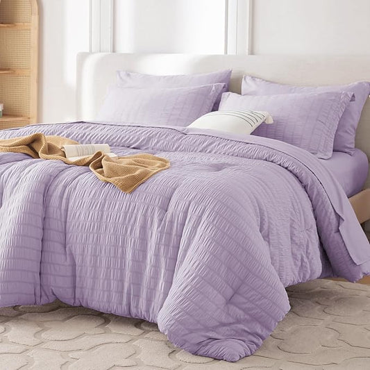 MUXHOMO 5 Pieces Twin Comforter Set, Seersucker Bed in a Bag Twin Size, All Season Luxury Bedding Set with Comforter, Flat Sheet, Fitted Sheet, Pillowcase & Sham, Lavender