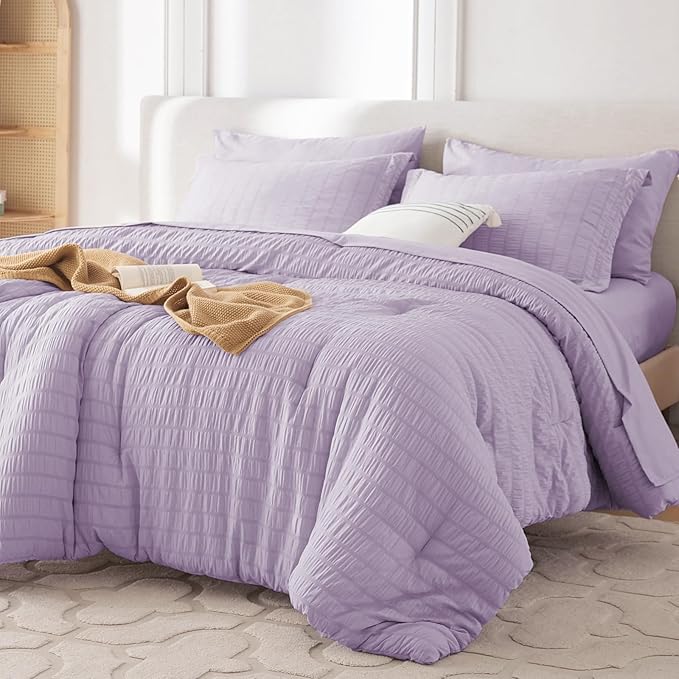 MUXHOMO 7 Pieces Queen Comforter Set, Seersucker Bed in a Bag Queen Size, All Season Luxury Bedding Set with Comforter, Flat Sheet, Fitted Sheet, Pillowcases & Shams, Lavender