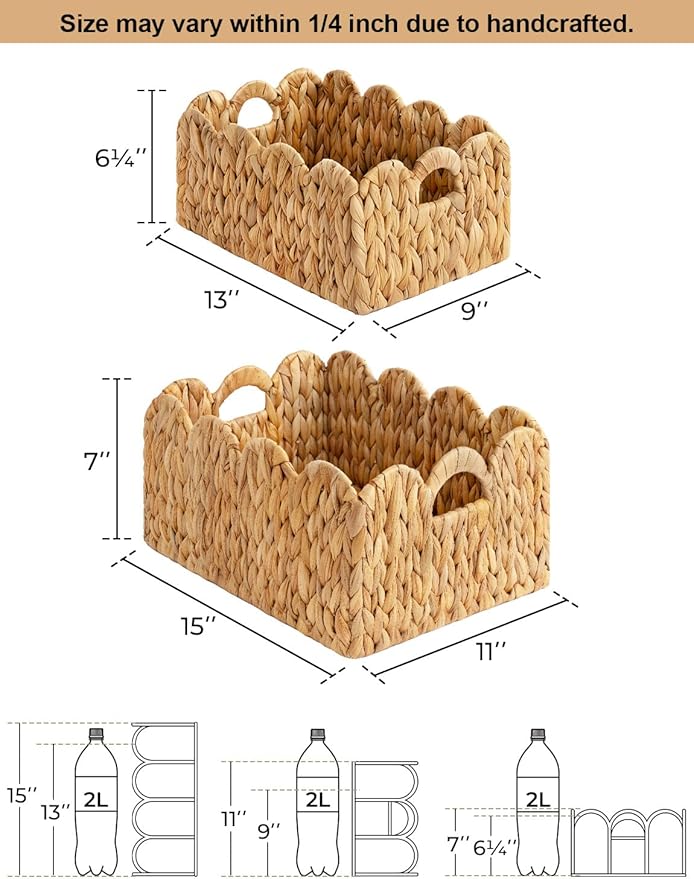 StorageWorks Scalloped Edge Wicker Basket, Hand-woven Rattan Baskets with Built-in Handles, Water Hyacinth Basket for Organizing and Decor, 2 Pack