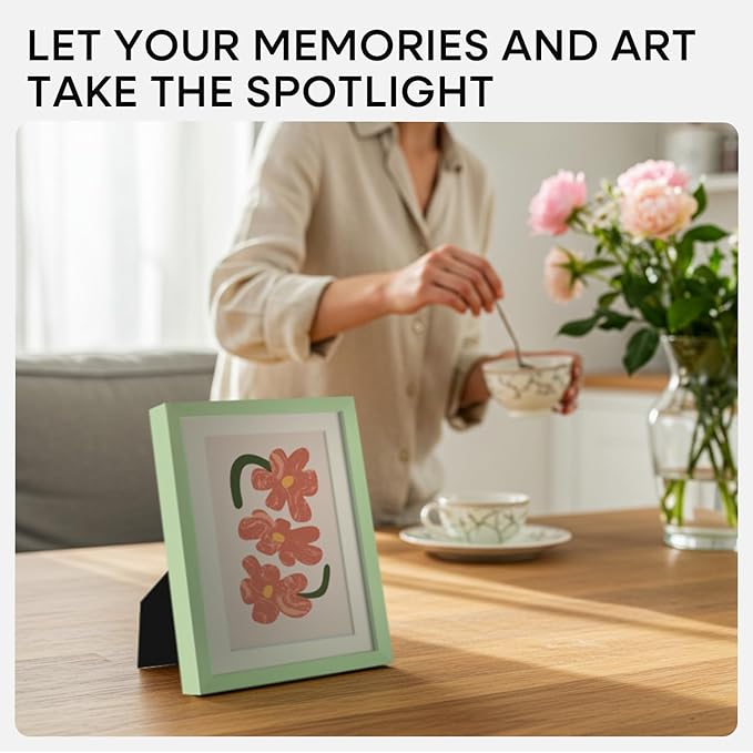 Homeforia Sage Green 4x6 Picture Frame, High End Metal 4 x 6 Frames with Mat 3 x 5 for Print, 4by6 Desk Frame Matted to 3x5 in Photo, 4 by 6 Wall or Tabletop Frames, Tempered Glass, Wall Kit, Set of 1