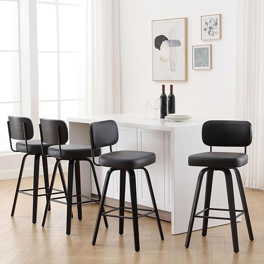 Swivel Bar Height Stools Set of 4, Upholstered Faux Leather Barstools with Back, 29" Seat Height Tall Bar Stools for Kitchen Counter, Black Wood Frame, Black