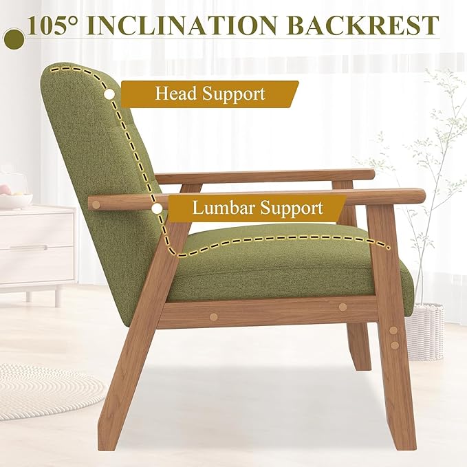 Westice Accent Chair 1PC, Mid-Century Modern Living Room Chairs with Solid Wood Frame & Soft Thicken Cushion, Upholstered Reading Arm Chair for Bedroom, Balcony, Green Linen Fabric & Natural Legs