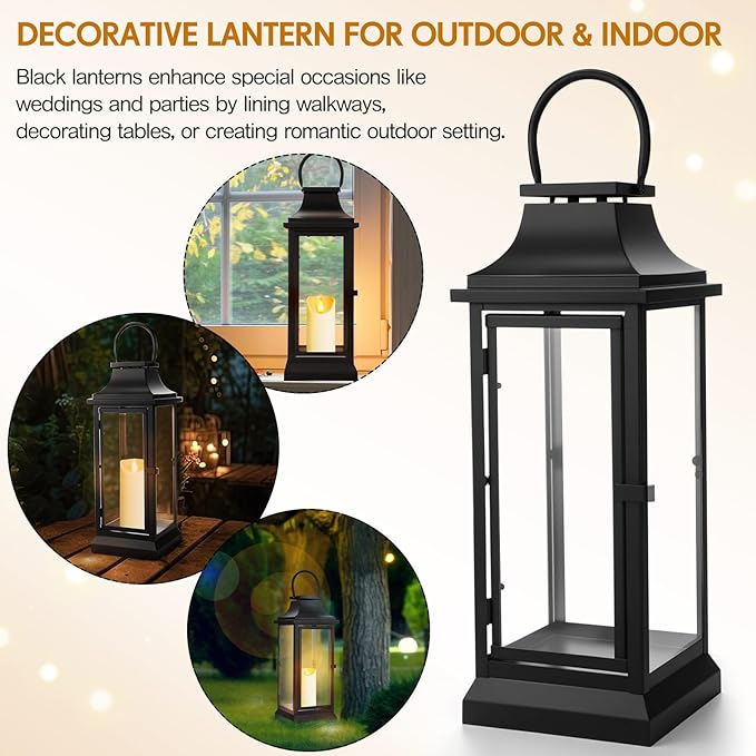 Nuogo 20 Inch Large Metal Lanterns with Glass Panels Black Hanging Vintage for Table Porch Home Party Decor Gift Indoor Outdoor, Candle Not Includes
