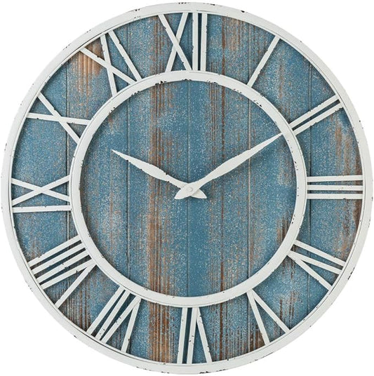 24" Coastal Wall Clock - Metal & Solid Wood Noiseless Weathered Beach Blue Wall Clock (Coastal Blue, 24-inch)