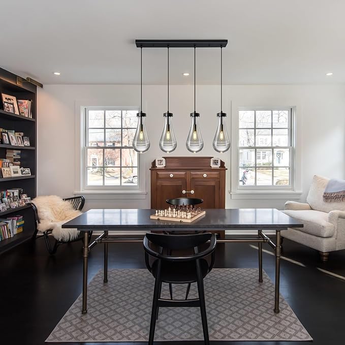 Raindrop Pendant Lights Kitchen Island Teardrop Black Hanging Light Fixtures Clear Solid Glass Pendant Light Modern Chandeliers for Dining Room Porch Corridor Living Room(Long Plate-4 Lights)