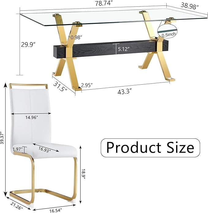 9 Piece Glass Dining Table Set, 79" Modern Dining Table Set for 8, 0.5" Thick Tempered Glass Tabletop with Gold Chrome Metal Legs and Black Crossbar, 8 PU Chairs for Dining Room, Kitchen