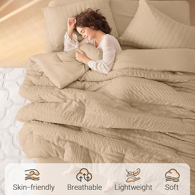 MUXHOMO 7 Pieces Queen Comforter Set, Seersucker Bed in a Bag Queen Size, All Season Luxury Bedding Set with Comforter, Flat Sheet, Fitted Sheet, Pillowcases & Shams, Khaki