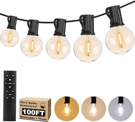 100FT LED Outdoor String Lights with 3 Color Lights, Dimmable String Lights for Outside with Remote, G40 Globe Waterproof Patio Lights with 50+2 Shatterproof Bulbs for Party Backyard BBQ House Camping