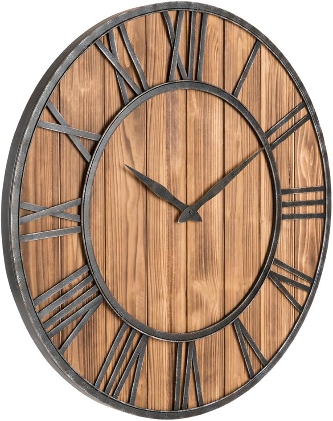 Oldtown Farmhouse Metal & Solid Wood Noiseless Wall Clock (Wood, 36-inch)