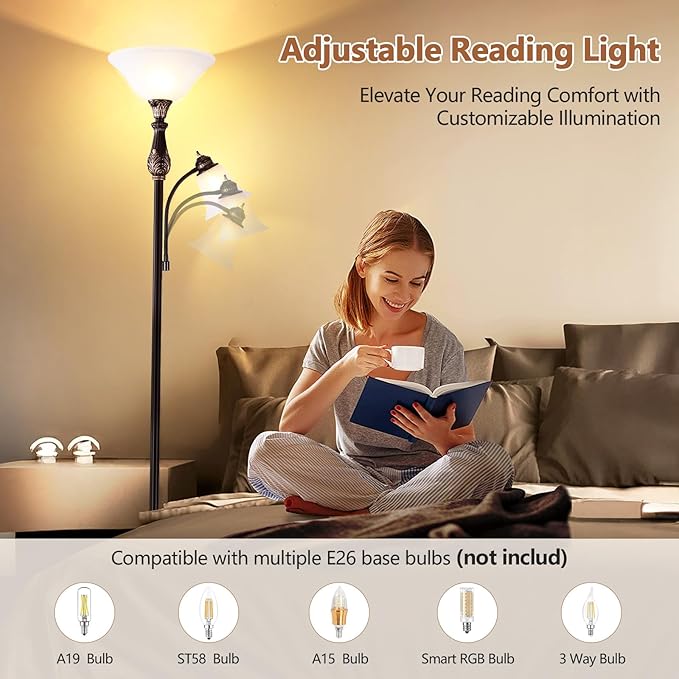 Torchiere Floor Lamps for Living Room & Bedroom, 71" Vintage Victorian Floor lamp with Reading Light, Tall Corner Standing Farmhouse Lamp for with Glass Shade Home Office Decor, Bronze