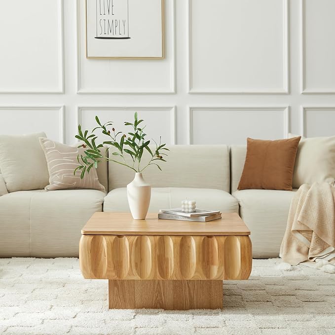 31" Lift Top Coffee Table for Living Room, Fluted Coffee Table with Hidden Storage, Mid Century Modern Solid Wood Veneer Square Center Table for Office Apartment Small Space, Natural