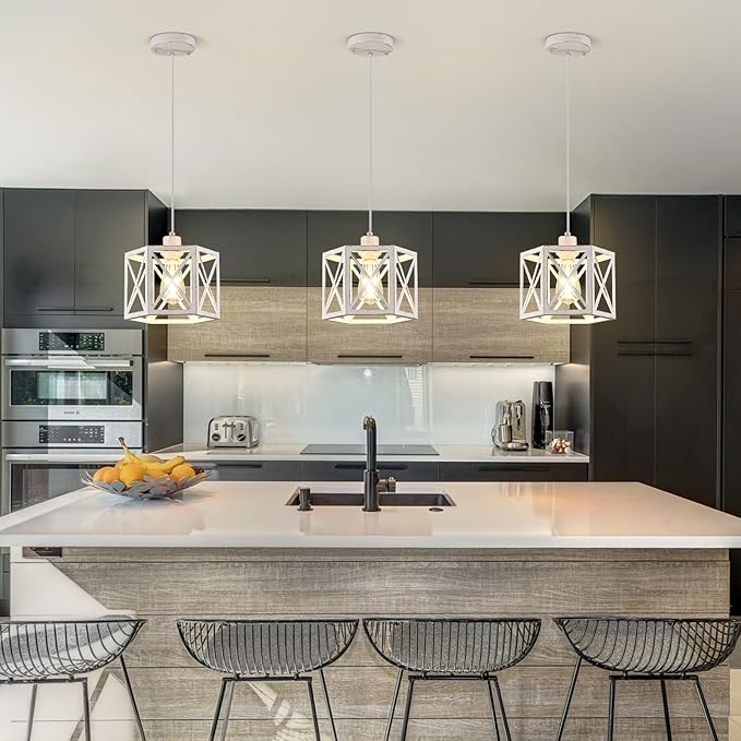 2 Pack Pendant Lights for Kitchen Island, Modern Pendant Lighting with White Hexagonal Cage, Vintage Metal Ceiling Lights, Adjustable Lantern Hanging Light Fixture for Foyer Entryway Bedroom