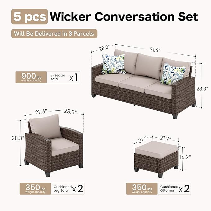 Patio Furniture Set Outdoor Furniture Brown Wicker Rattan Patio Conversation Sets with Cushion Outside Sofa Set,5 Pieces 7 Seats,Beige
