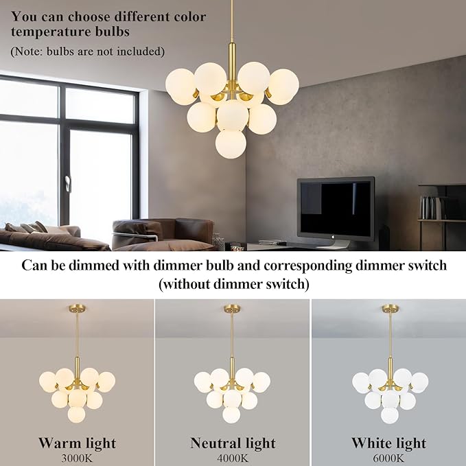 13 Lights Mid Century Modern Chandelier Gold Sputnik Chandelier Globe Pendant Lights with Milk White Glass Lampshade for Dining Room Living Room Foyer ‎‎Entryway