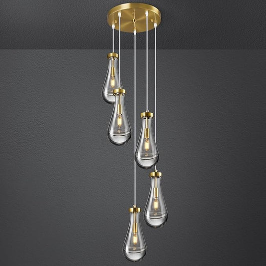 Raindrop Pendant Lights Kitchen Island Teardrop Gold Hanging Light Fixtures Clear Solid Glass Pendant Light Modern Chandeliers for Dining Room Porch Corridor Living Room(5-Light)