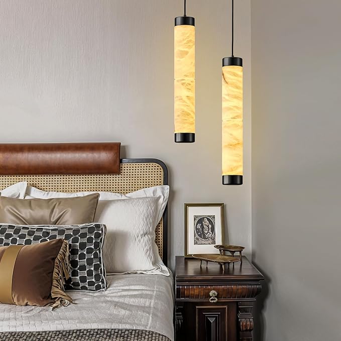 20" Alabaster Pendant Lights, 2PCS Natural Marble Cylinder Black Pendant Light, Adjustable Modern Ceiling Light Fixtures for Kitchen Island, Dining Room, Bedroom, Living Room, Bathroom