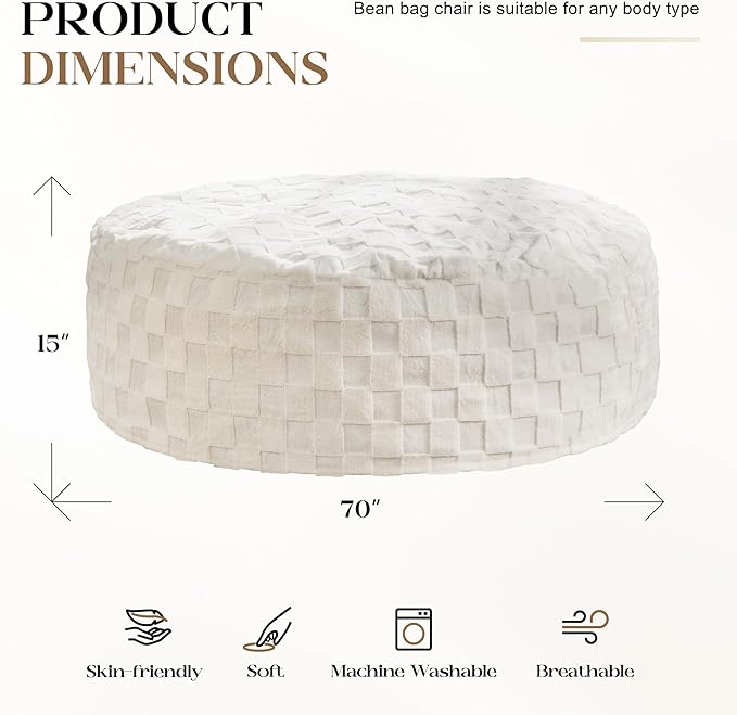 Hobestluk Bean Bag Chairs Beanbag Chair with Filler Adult Bean Bags with Fluffy Cover, Giant Bean Bag Chairs for Adults for Living Room, Bedroom (White, 6FT - 70" x 70" x 15")