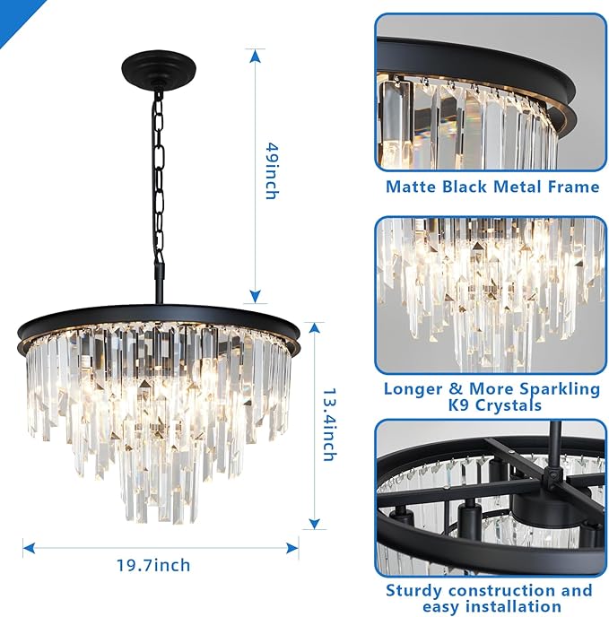 20'' Modern Crystal Chandelier, Black Round Ceiling Light with Clear Prisms, Luxury Flush Mount Lighting Fixture for Dining Room Bedroom Foyer