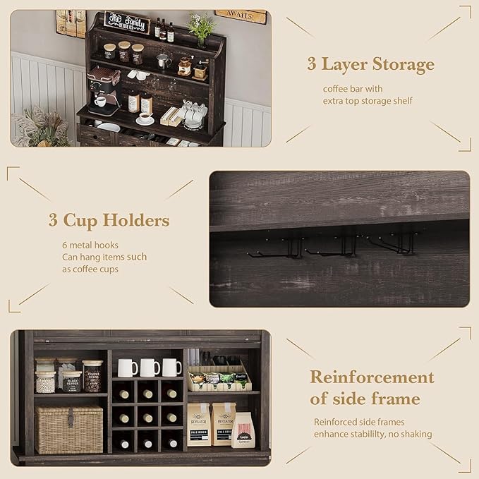 63 Inch Tall Coffee Bar Cabinet with 3-Tier Storage, Kitchen Hutch with 3 Drawers, Farmhouse Coffee Bar with 9 Racks & 3 Glass Holders, Wine Bar Cabinet for Living Dining Room, Oak