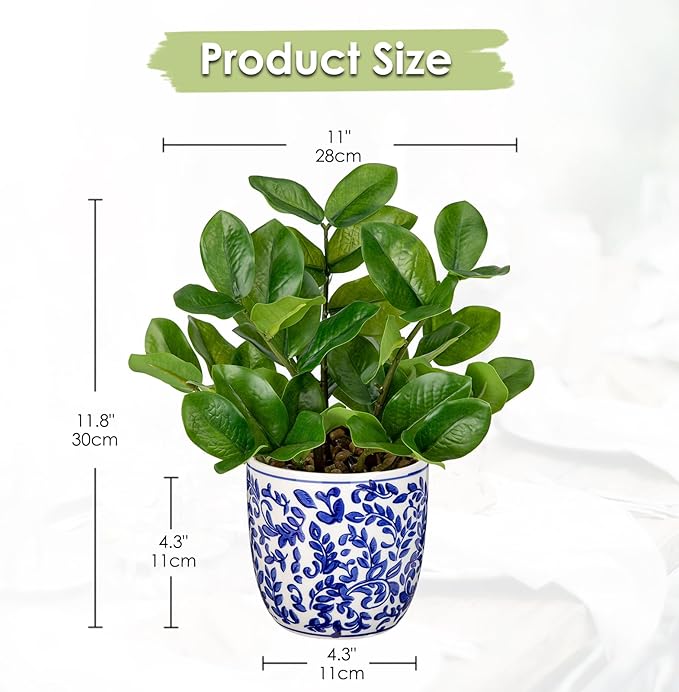 Briful Faux Plants Indoor 11.8in Fake ZZ Silk Plant in Blue and White Ceramic Pot Realistic Artificial Tropical Plant for Home Office Room Kitchen Shelf Decor