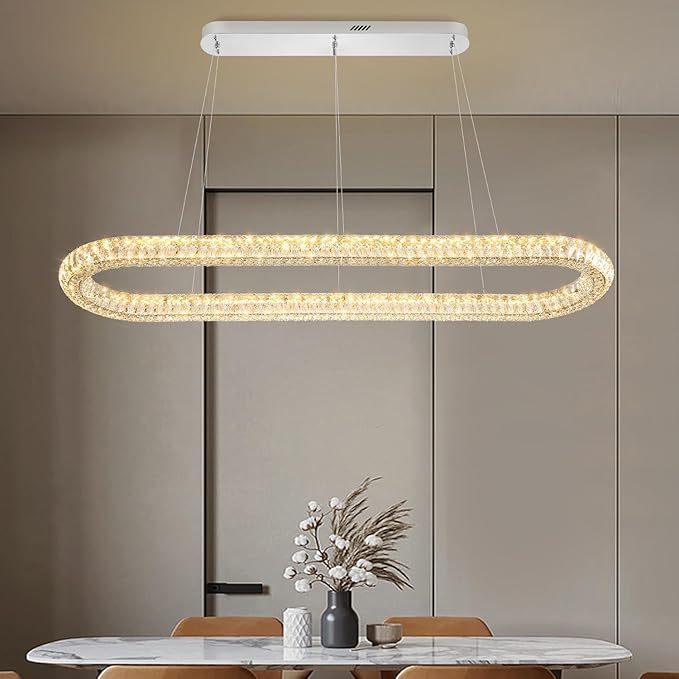 Oval Crystal Chandelier, 55'' Chrome Crystal Ring Pendant Light for Kitchen Island Modern Linear Oval Chandeliers for Dining Room Dimmable 3000K-6000K