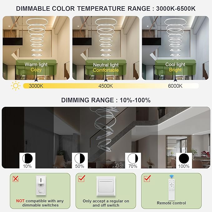 9 Rings Modern LED Chandelier Silver Dimmable Large Foyer Chandeliers Entryway High Ceiling for Staircase, High Ceiling Pendant Lights for Entryway Living Room, 3000K-6500K CCT