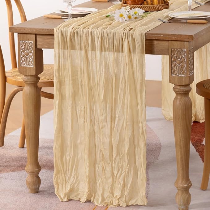 MLMC Champagne Cheesecloth Table Runner 10ft Sand Rustic Fall Gauze Cheese Cloth Table Runner 35x120 Inches for Farmhouse Cozy Holiday Outdoor Events Home Decor