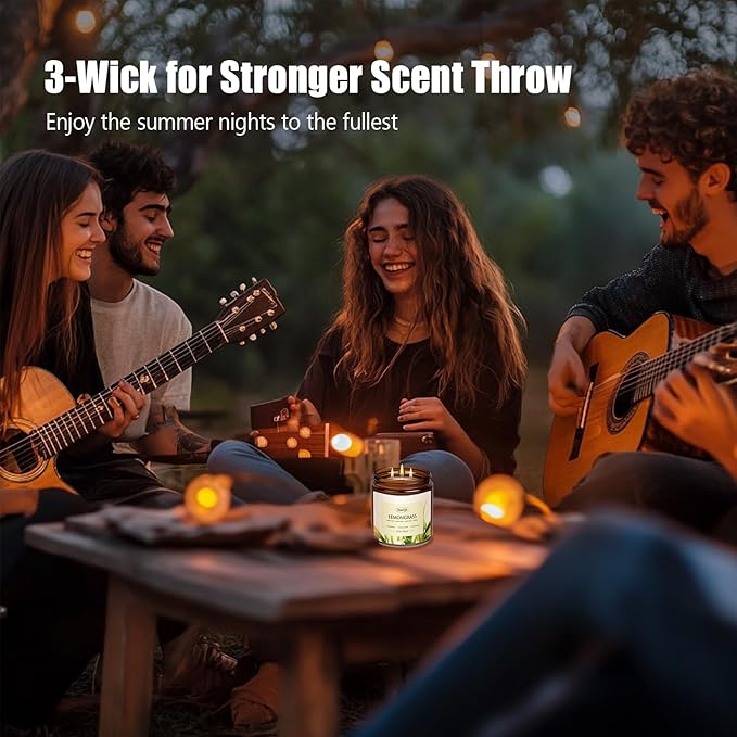 Lemongrass Scented Candle | 3-Wick Jar Candle - 12oz Natural Soy Wax - Citronella Scent for Indoor Outdoor Use, Long Lasting Aromatherapy Gifts for Fathers Day, Summer, 50+ Hour Burn