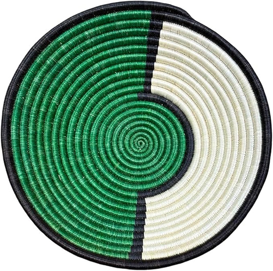 Handwoven African Basket Handmade sisal Fruit Bowl Wall Hanging decorative Baskets for Home Living Room Kitchen Centerpiece Zen Designs Arts and Crafts (Green Black White, 8in diameter)
