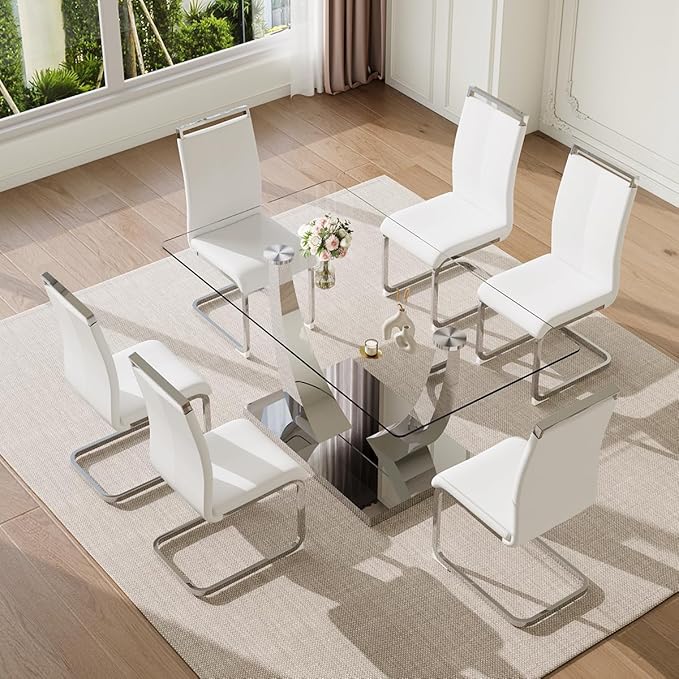 63” Glass Dining Table Set for 6,Modern Dining Room Table Set for 6, Kitchen Table and PU Leather Chairs, Rectangle Tempered Glass Table Set with Chrome Silver Legs