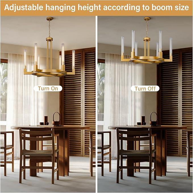 Farmhouse Chandelier with Glass Tube, Gold 6-Lights Wagon Wheel Chandeliers 35''Round Luxurious Large Chandelier Fixture Ceiling Pendant Lighting for Dining Living Room, Foyer