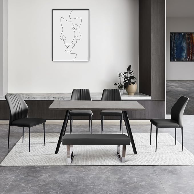 ZckyCine Modern 6-Piece Rectangular Wooden Dining Table Set with 4 Leather Chairs and 1 Leather Stool, Suitable for 4-6 People